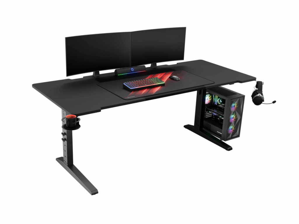 Birou gaming Genesis Holm Modular 180, material metal MDF, reglabil pe inaltime 70 – 90 cm, iluminare RGB, management cabluri, Negru