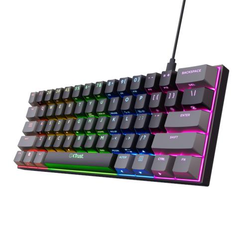 Tastatura Gaming Mecanica ultracompacta Trust GXT867 ACIRA 60%, iluminare RGB, programabila, Switch Red Outemu, cablu 1.5 m, Negru