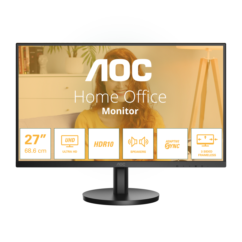 Monitor AOC, 27″, IPS, 4K, UHD, 60Hz, 4ms, HDR10, FlickerFree, Boxe 2W x 2, HDMI, DisplayPort, U27B3A, Negru