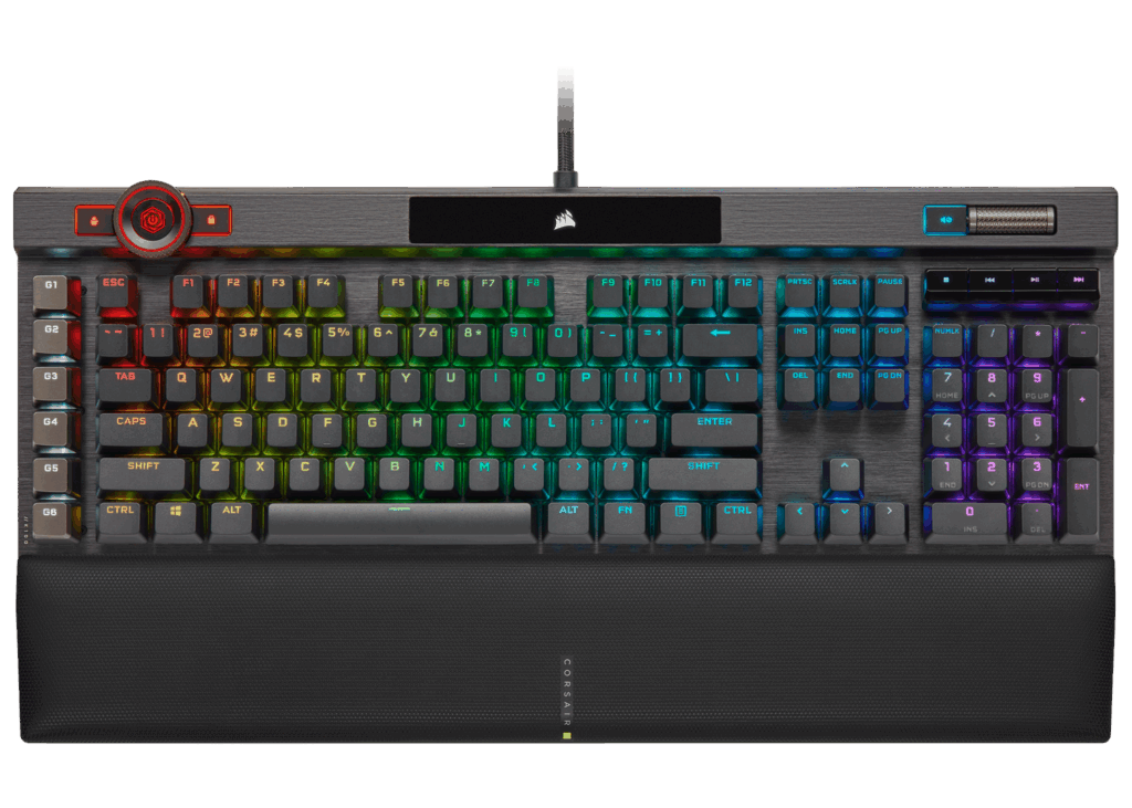 Tastatura mecanica gaming Corsair K100, iluminare RGB, switch optic-mecanic Corsair OPX Rapidfire, taste macro si multimedia, cadru aluminiu, Negru