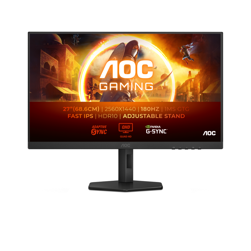 Monitor Gaming AOC, 27″, IPS, QHD, 180Hz, 1ms, 0.5ms, HDR10, FlickerFree, HA, Pivot, HDMI, DisplayPort, Q27G4XF, Negru