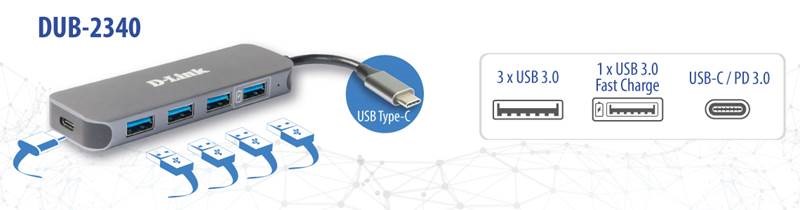 HUB USB D-LINK DUB-2340, USB Type C, cablu 10 cm, metalic, argintiu 2 HUB USB D-LINK DUB-2340, USB Type C, cablu 10 cm, metalic, argintiu - imagine 2