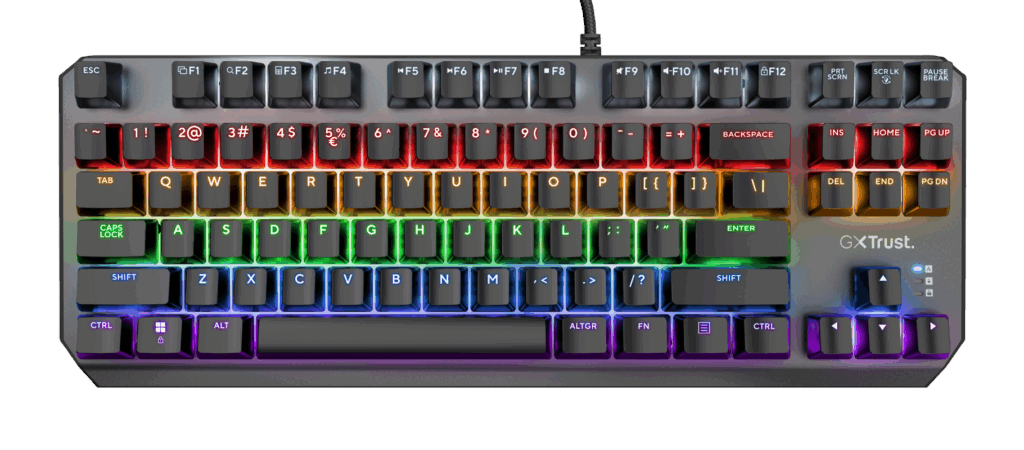 Tastatura Gaming Mecanica TKL Trust GXT834 CALLAZ , iluminare rainbow, Switch Red Outemu, cablu 1.8m, Negru