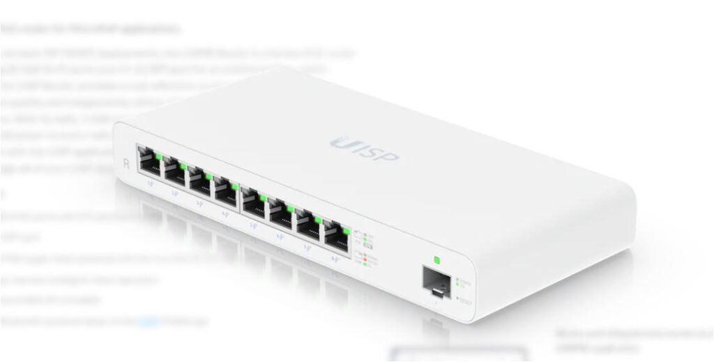 UBIQUITI UISP-R GIGABIT POE ROUTER pentru aplicatii MicroPOP, interfata: 8 x 10/1001000, 1 x 1G SFP, Procesor: Dual-core 880 MHz, MIPS1004Kc, Memorie: 512 Mb, Flash: 512Mb, Consum 10W, Passive POE 27VDC