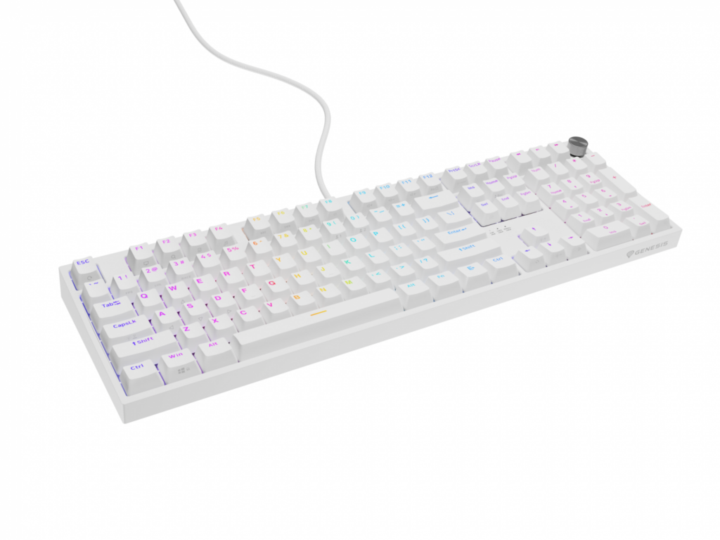 Tastatura gaming mecanica cu fir Genesis Thor 404 , iluminare RGB, switch Linear, switch model Outemu Peach Silent V3 5-pin, numar taste 107, 11 butoane multimedia, lungime cablu 1.8m, dimensiuni 439 x 133 x41 mm, alb