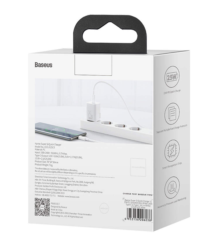 INCARCATOR retea Baseus Super Si, Quick Charge 25W, 1 x USB Type-C 5V/3A, alb „CCSP020102” (timbru verde 0.18 lei) – 6932172603731