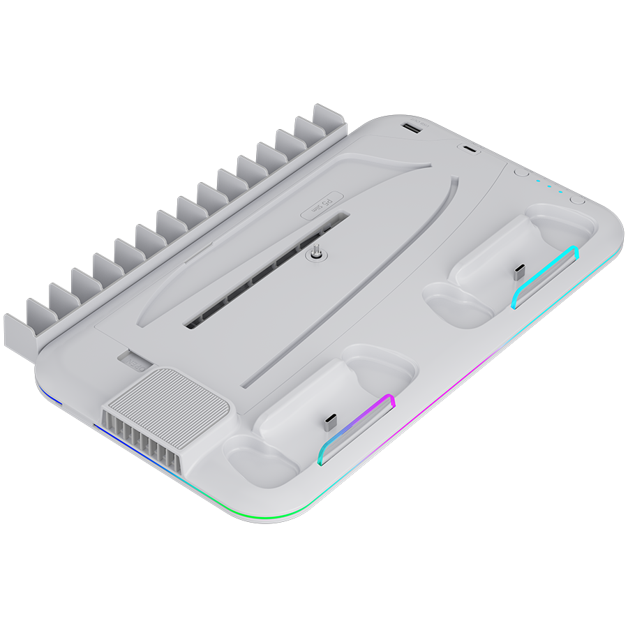 Cooler 2in1 pentru PS5 Slim, Canyon, alb, incarcare duala, iluminare RGB