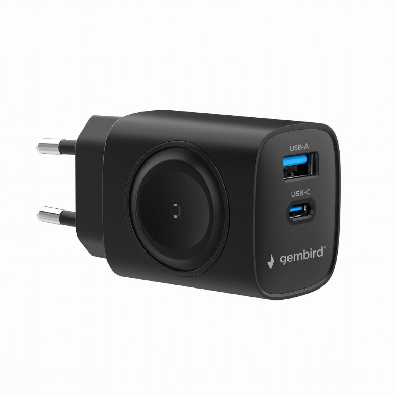 Incarcator rapid 2-in-1 Gembird 20W pentru Apple Watch si telefon, USB-A, USB-C, 5V/9V/12V, 3A, negru