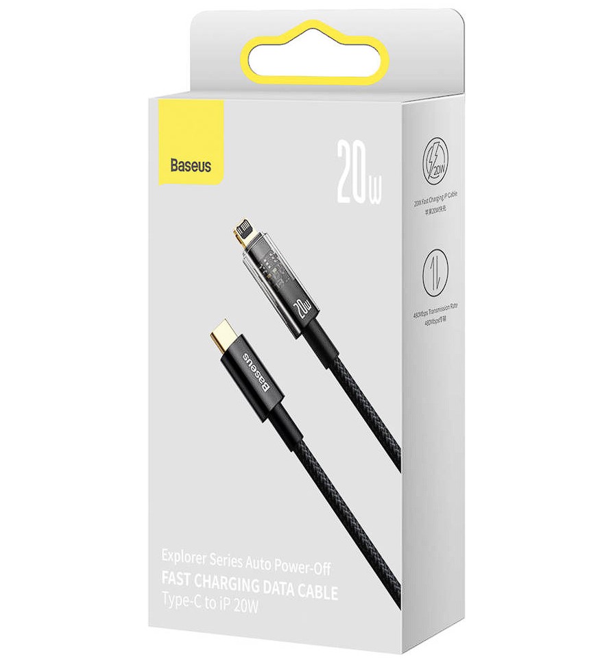 Cablu alimentare si date Baseus, Explorer, Fast Charging, USB Type-C la tip Lightning 20W 2m Auto Power-Off, Negru Transparent 2 Cablu alimentare si date Baseus, Explorer, Fast Charging, USB Type-C la tip Lightning 20W 2m Auto Power-Off, Negru Transparent - imagine 2