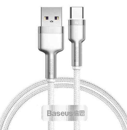 Cablu Baseus Cafule Series Metal USB la USB-C, 66W, 1m, Alb