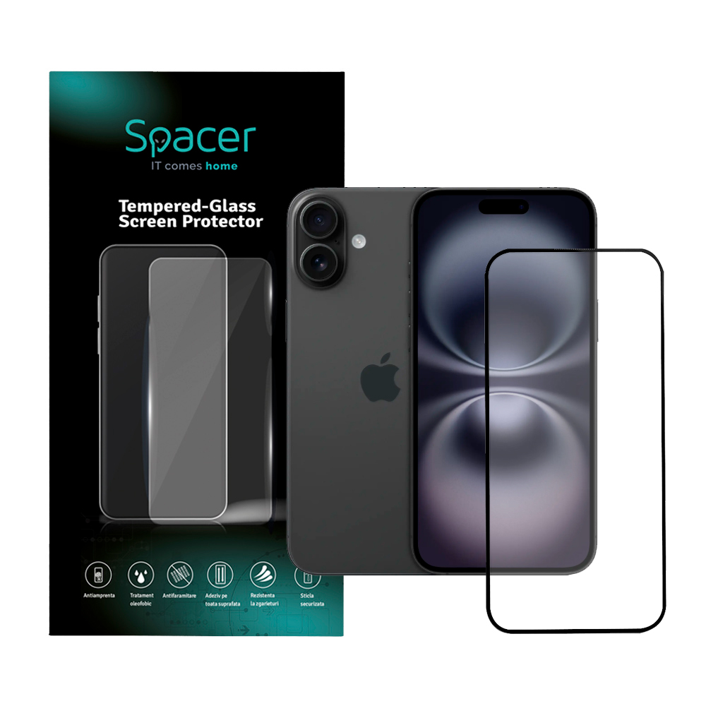 Folie sticla Spacer pentru Iphone 16 Plus, grosime 0.3mm, acoperire totala ecran, strat special anti-ulei si anti-amprenta, Tempered Glass, sticla 9D, duritate 9H
