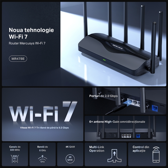 Router Wireless Mercusys MR47BE, BE9300, Tri-Band, Wi-Fi 7, MLO , 4 porturi 2.5Gbps , compatibil EasyMesh 5 Router Wireless Mercusys MR47BE, BE9300, Tri-Band, Wi-Fi 7, MLO , 4 porturi 2.5Gbps , compatibil EasyMesh - imagine 5