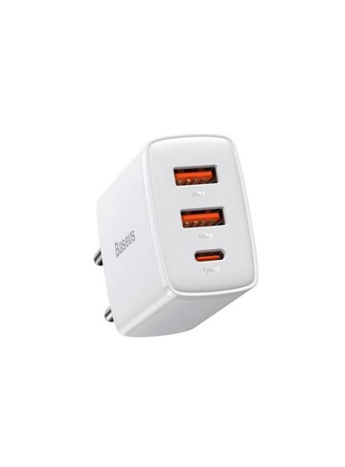 Incarcator Retea Baseus Compact Quick Charge 30W, 2 x USB 5V/3A, 1 x USB Type-C 5V/3A, Alb
