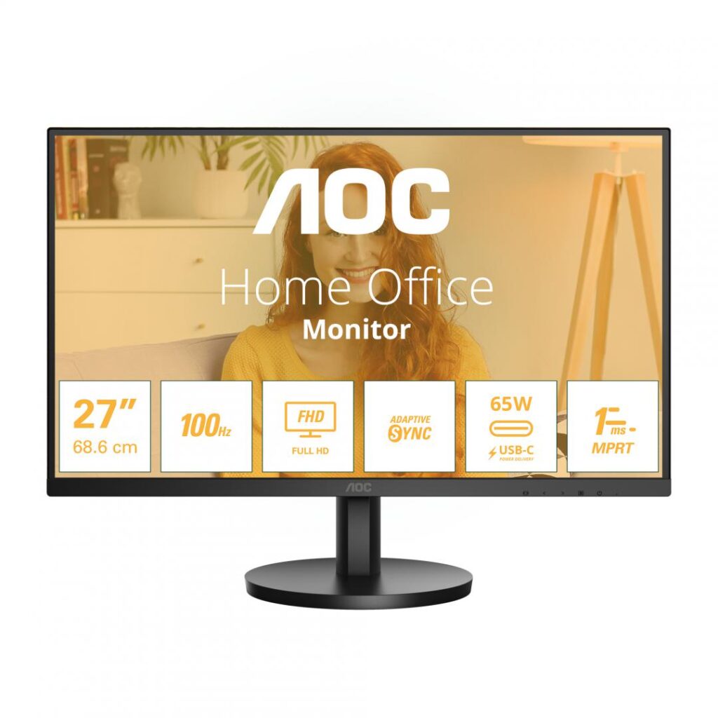 Monitor LED IPS AOC 27B3CA2 27″, Full HD (1920×1080), 100Hz, 1ms MPRT (4ms GTG), FlickerFree, Boxe 2W x 2, USB Type-C 65W, Hub USB, HDMI, VESA, negru