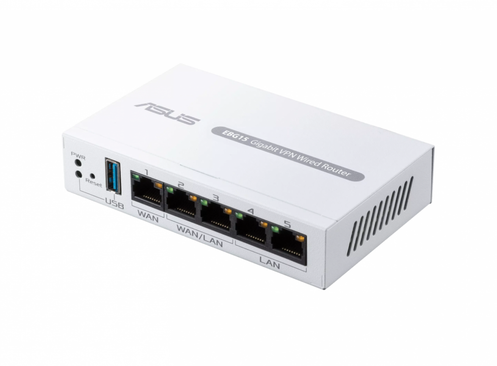 Router Business ASUS ExpertWiFi EBG15, 1 gigabit WAN+2 gigabit WAN/LAN, USB port backups, Bluetooth® 3.0, SDN, guest portal customizat, Commercial-Grade Network Security & VPN, AiMesh, montare perete
