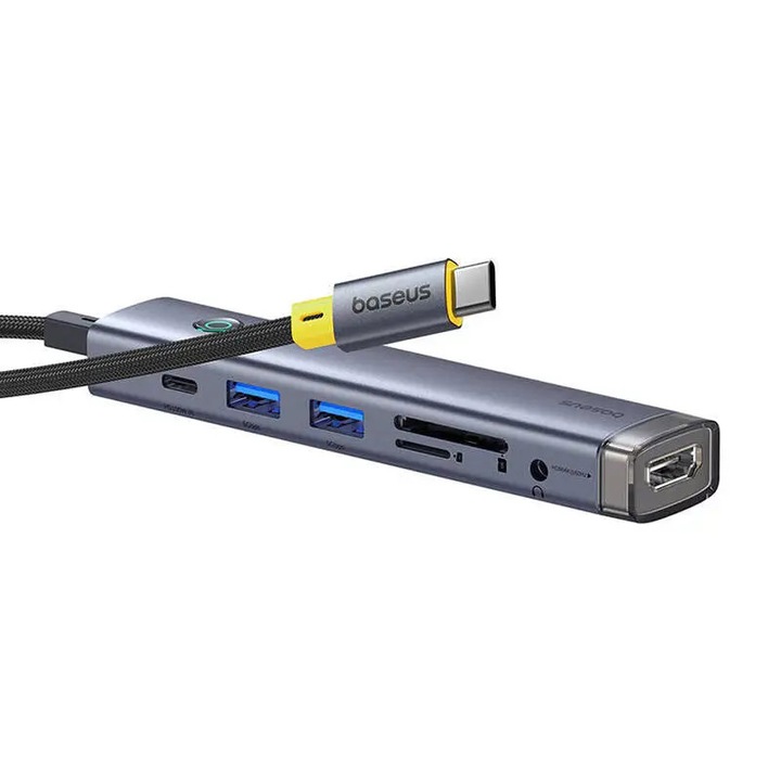 Hub 7-in-1, Baseus, UltraJoy, USB-C la HDMI + 2xUSB3.0 + PD + SD/TF + 3.5mm, gri, 26x128x16mm