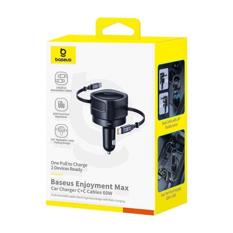 Baseus Enjoyment Max incarcator auto cu cabluri USB-C+USB-C 60W Negru 5 Baseus Enjoyment Max incarcator auto cu cabluri USB-C+USB-C 60W Negru - imagine 5