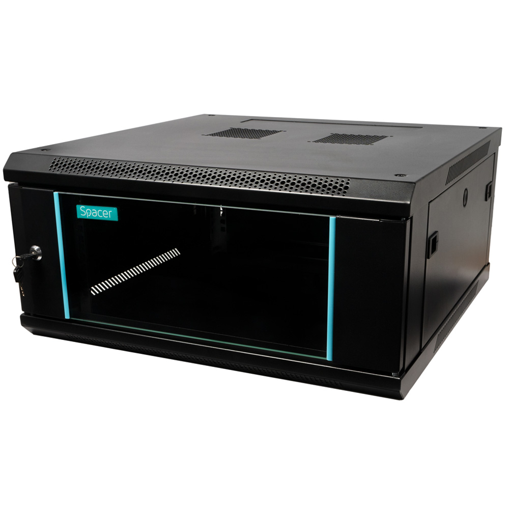 Cabinet 19″ SPACER 4U 600x600mm, fixare pe perete, Flatpack (dezasamblat), negru, panouri detasabile, otel 1.5mm, sarcina maxima 60Kg
