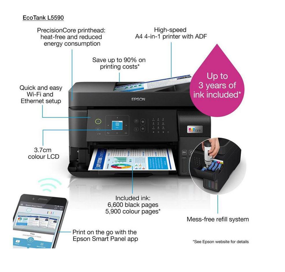 Multifunctional inkjet color CISS Epson EcoTank L5590, (Print, Copy, Scan, Fax) dimensiune A4, 4 culori, viteza max 15ppm alb-negru, 8ppm color, rezolutie 1200x2400dpi, alimentare hartie 100 coli + 30 coli ADF