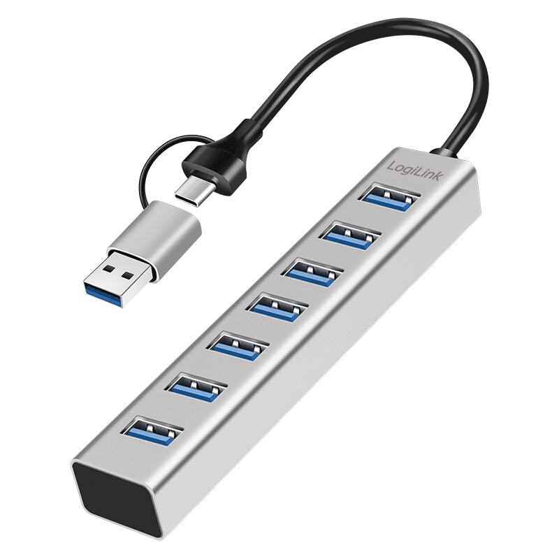 HUB extern LOGILINK, porturi USB: USB 3.0 x 7, conectare prin USB-C 3.0, adaptor conectare USB-A, metal, argintiu