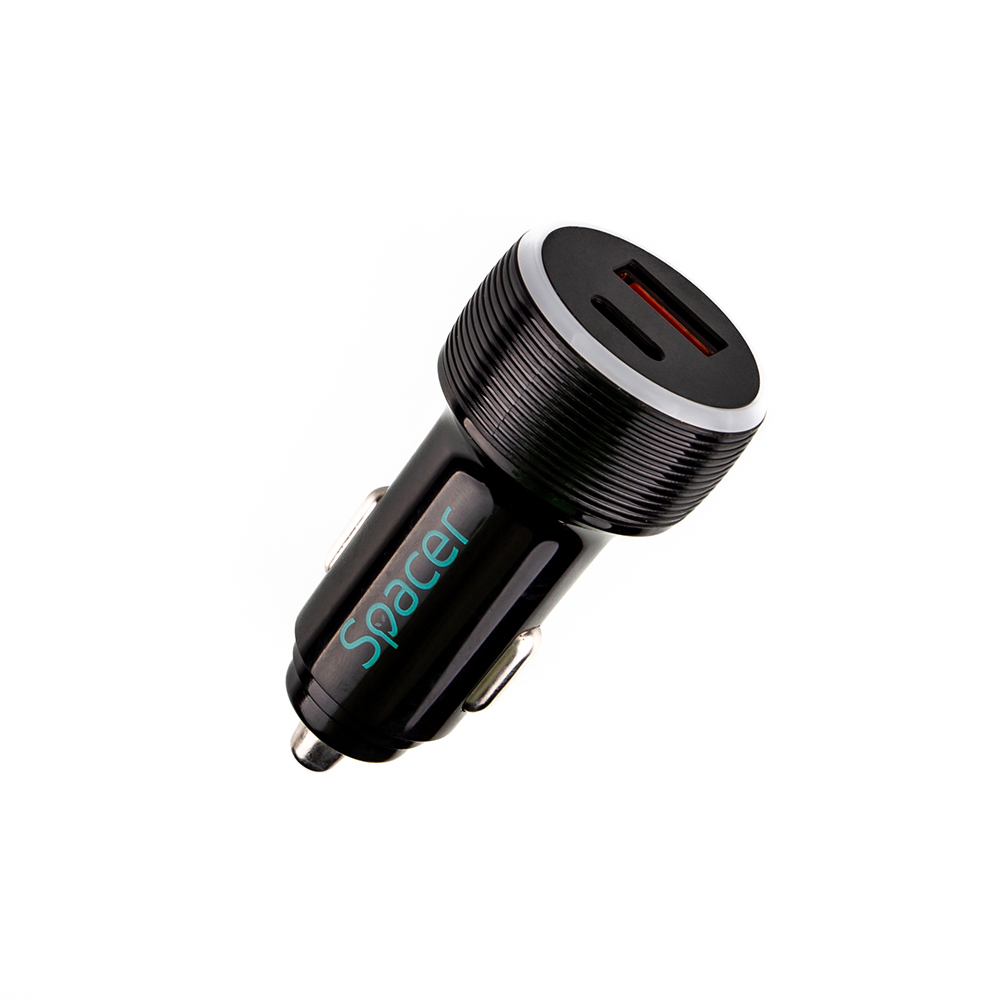 Aliemtator auto SPACER Quick Charge 17W 3.1A max putere totala 17W LED ambiental 1 x USB si 1 x USB Type-C pentru bricheta auto, Negru