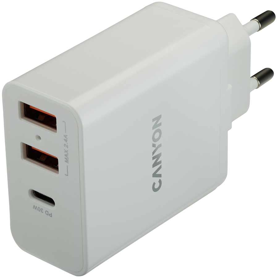 Incarcator retea Canyon H-08, 2 porturi USB 2.4A Smart Charge, 1 port PD Quick charge 20W, Alb