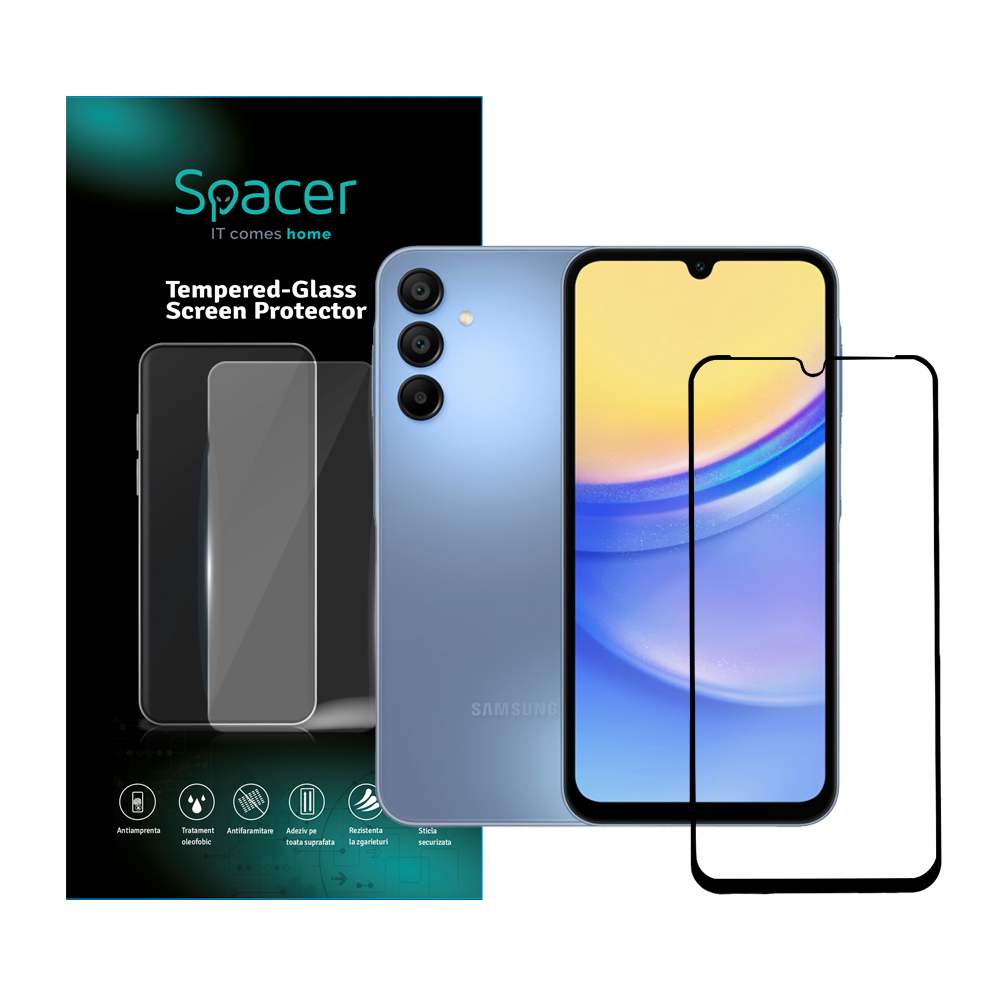 Folie de protectie Spacer pentru Samsung Galaxy A15, grosime 0.3mm, Tempered Glass, sticla 9D, duritate 9H