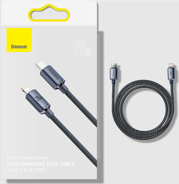 Cablu Date si Incarcare Baseus, Crystal Shine Braided CAJY000301, USB Type-C la tip Lightning, 2m, 20W, Negru