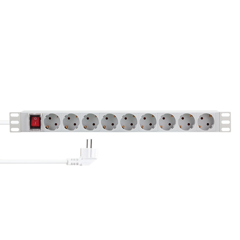 Prelungitor PDU LOGILINK 1U pentru rack 19 inch, 9 prize Schuko, intrare Schuko, max 16 A, ON/OFF, IP20, 2 m, gri