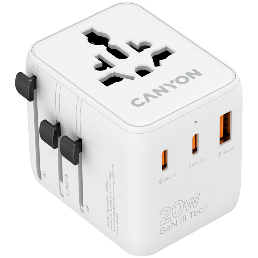Incarcator retea de calatorie CANYON OnTour 20 CNS-TA20W1005W, 20 W, 1x USB-A, 2x USB Type-C Alb