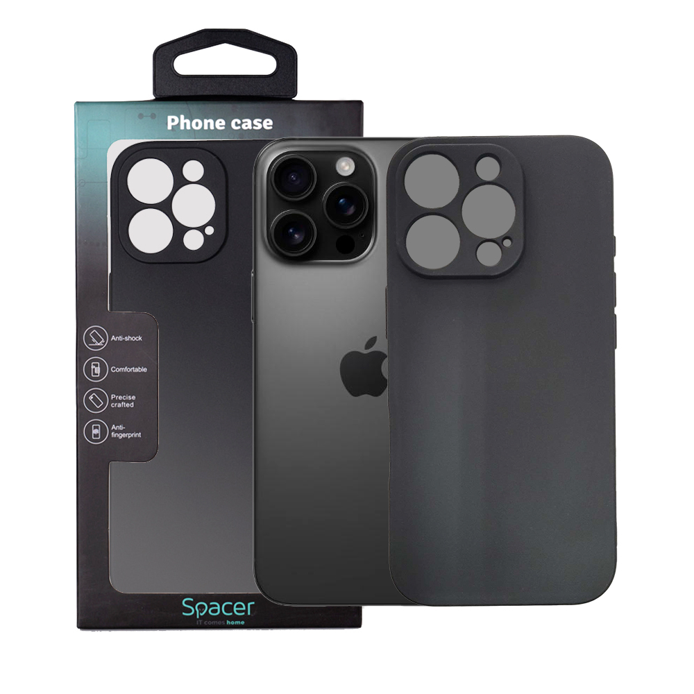 Husa Iphone 16 Pro Spacer, grosime 1.5mm, material flexibil TPU, negru