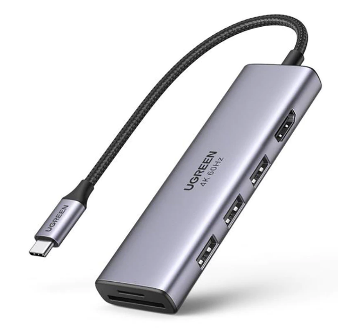 HUB multifunctional Ugreen USB tip C – 3x USB 3.2 Gen 1 / HDMI 4K 60Hz / cititor de carduri SD si TF gri (60383 CM511)