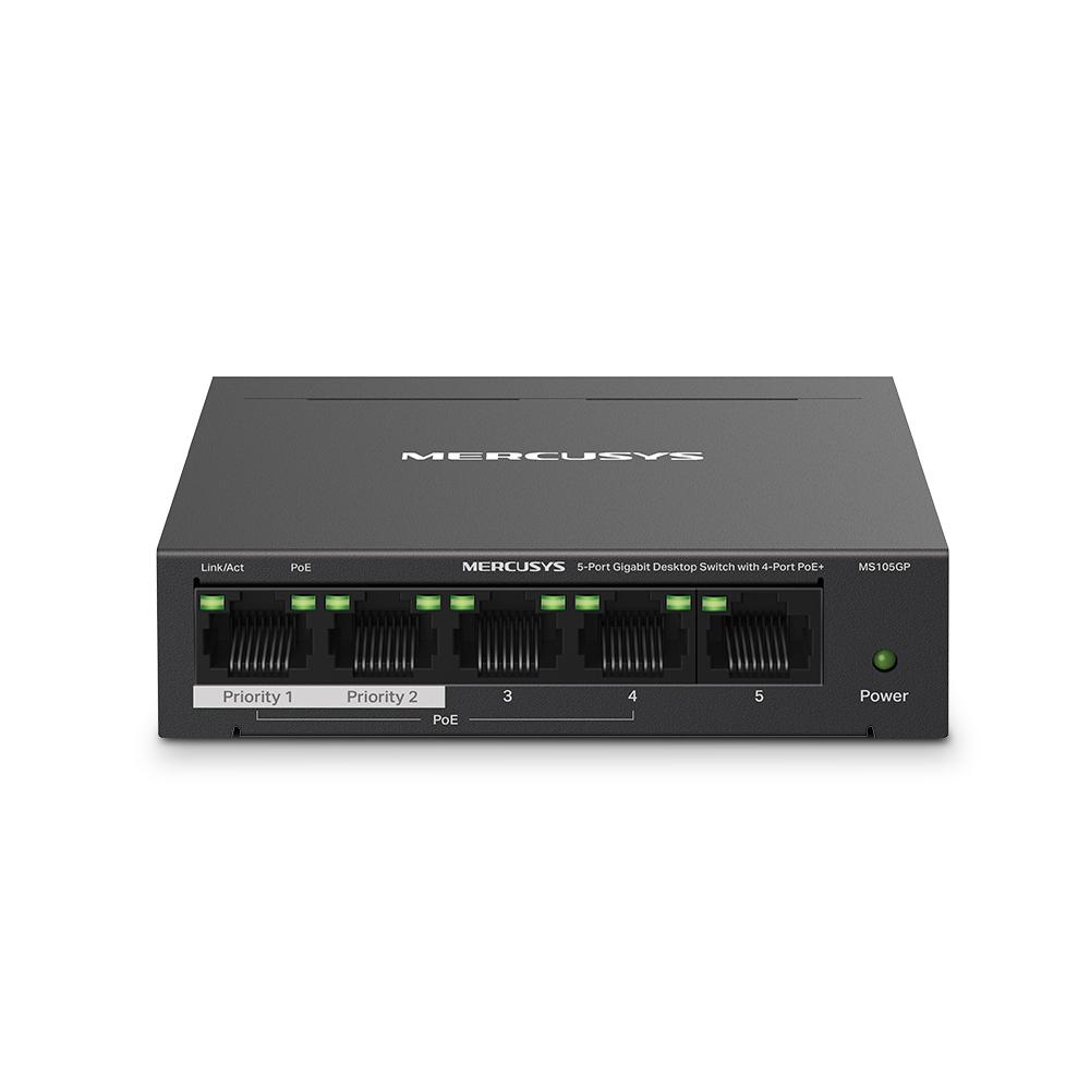 Switch PoE Desktop Mercusys MS105GP, 5 porturi Gigabit (dintre care 4 porturi PoE+) , carcasa metalica