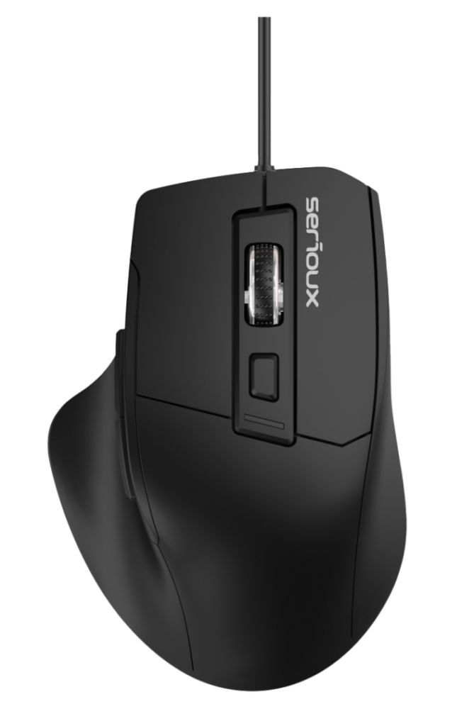 MOUSE SERIOUX SRXM-OPM168 Mouse optic cu fir USB 6D Culoare neagra Design ERGO Complet negru cu capac superior din cauciuc 6 butoane DPI: 1200-1800-2400-3600DPI Cablu PVC negru de 1, 5 m Ambalaj OEM in cutie de culori