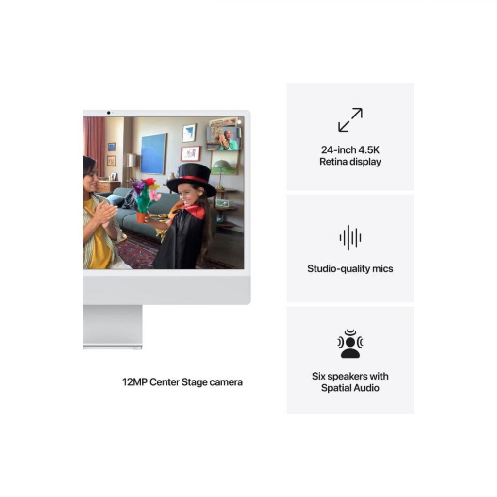 Sistem Desktop PC iMac 24″ cu procesor Apple M4, 8 nuclee CPU and 8 nuclee GPU, 24″, Retina 4.5K, 16GB, 512GB SSD, Silver