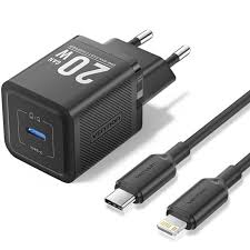 Incarcator priza EU, Type-C, 20W, GaN, cablu USB-C la Lightning, 1m, E71, PVC, Black