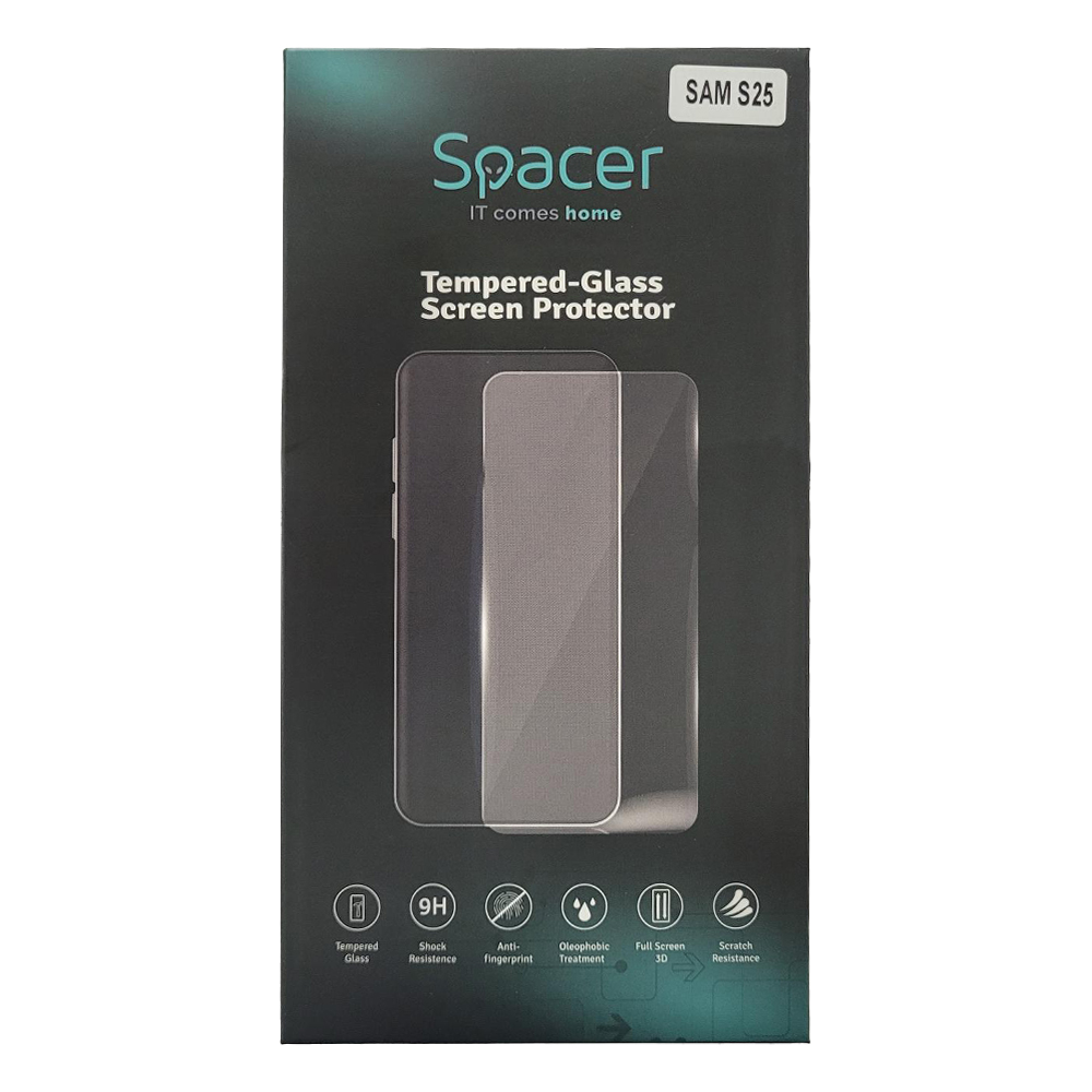 Folie sticla Spacer pentru Samsung Galaxy S25, grosime 0.3mm, acoperire totala ecran, strat special anti-ulei si anti-amprenta