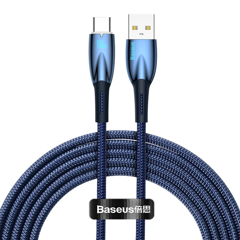 Cablu Date Incarcare Baseus Glimmer Usb La Usb-C, Putere 100W, Textil, Lungime 2M, Albastru