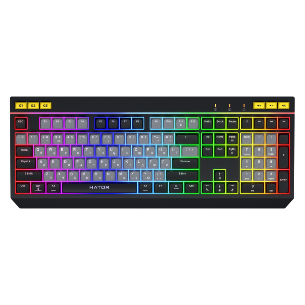 Tastatura gaming mecanica cu fir Hator Icefall, conectivitate USB, iluminare RGB, tip switch membrana, material taste ABS cu gravare laser si acoperire UV, Alb/Negru