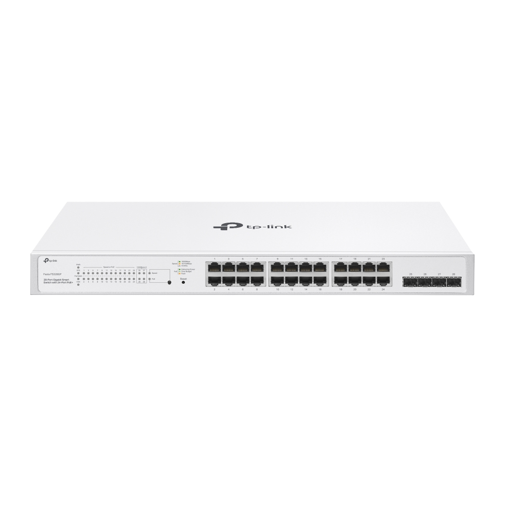 Switch TP-Link Festa FS328GP, 24 porturi Gigabit PoE+, 4 sloturi Gigabit SFP, 250W buget PoE, carcasa metalica, rackabil