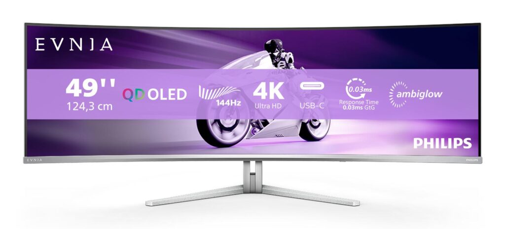 Monitor Gaming Curbat QD-OLED Philips EVNIA 48.9″, DualQHD (5120 x 1440), 144Hz, 0.03ms, AMD FreeSync™ Premium Pro, DisplayHDR™ TrueBlack 400, FlickerFree, Boxe 7.5W x 4 + DTS, Hub USB, Ambiglow, USB Type-C, 2x HDMI, DisplayPort, Alb