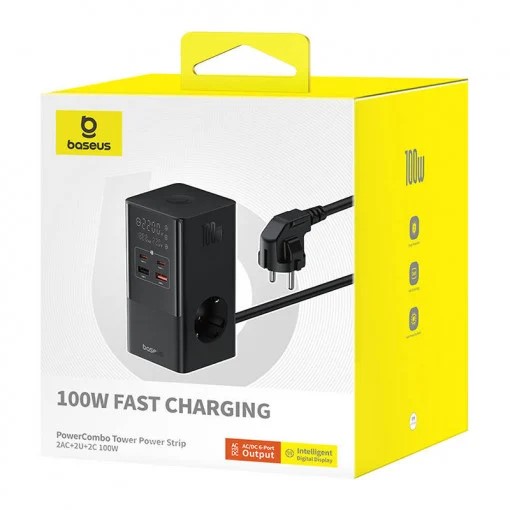 Incarcator de retea Baseus PowerCombo, cu prelungitor, 100W, 2x AC, 2x USB-C, 2x USB-A, 1.5m, Negru 4 Incarcator de retea Baseus PowerCombo, cu prelungitor, 100W, 2x AC, 2x USB-C, 2x USB-A, 1.5m, Negru - imagine 4