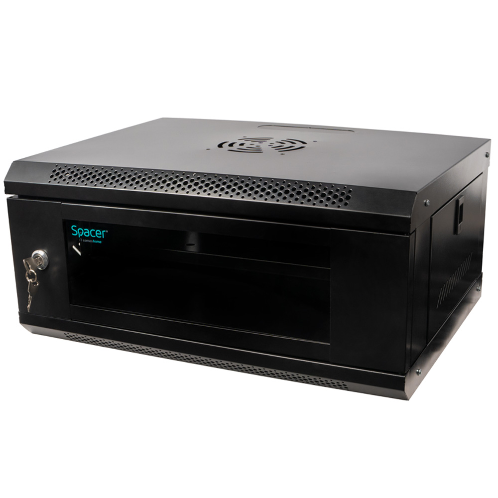 CABINET 19″ SPACER 4U 500x450mm, fixare pe perete, Flatpack (dezasamblat), Black, usa sticla cu bl