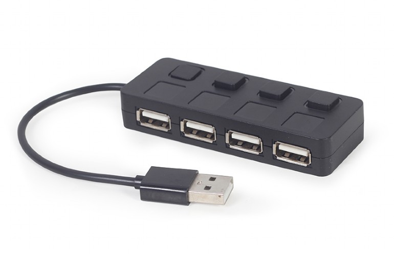 HUB extern GEMBIRD, porturi USB: USB 2.0 x 4, conectare prin USB, cu on/off, cablu 0.15 m, negru