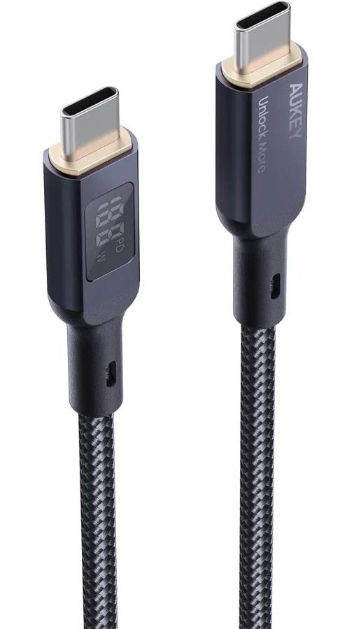 Cablu de date, Aukey, Nylon, USB-C la USB-C, PD 100W, 1.8m, LED, Negru