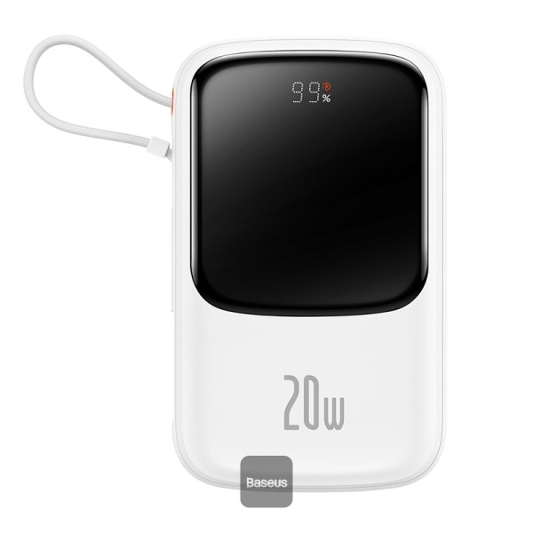 Acumulator extern Baseus Q Pow Digital Display Incarcare Rapida, QC/PD, 10000mAh, 20W, cablu integrat, Alb