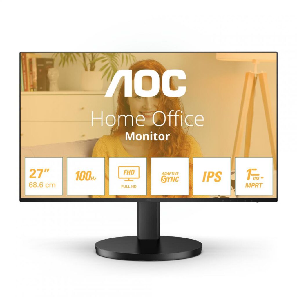 Monitor WLED IPS AOC 27″, Full HD (1920×1080), 100Hz, 1ms, Adaptive sync, FlickerFree, Boxe 2W x 2, HDMI, VESA, negru
