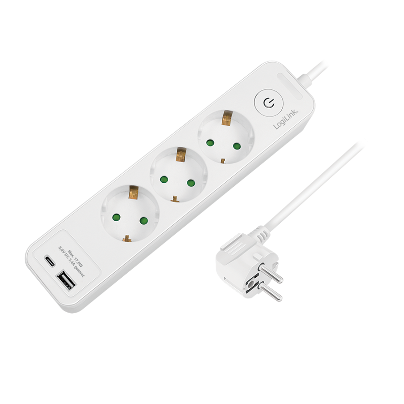 Prelungitor LOGILINK, Schuko x 3, USB-A x 1, USB-C x 1, cablu 3G 1.5mm2, 230 V/16 A, 50 Hz, max. 3500 W, buton intrerupator iluminat, IP20, 2m, alb