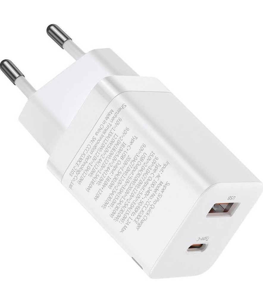 Incarcator telefon, Baseus, USB + USB-C, 30 W, Alb