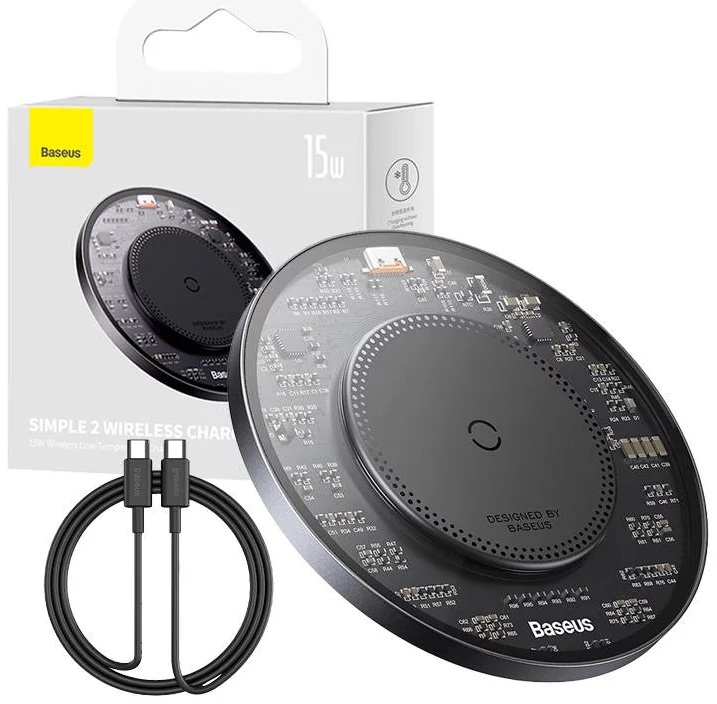 Incarcator inductiv Baseus Wireless Simple 2, 15W cu cablu Type-c la Type-c, Negru
